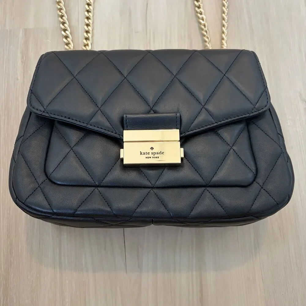 Kate Spade New York Black Carey Smooth Quilted Flap Bag Gold Chain Push Lock NWT